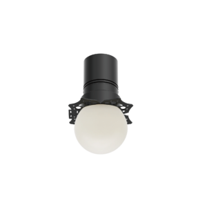 Close-up of a dark gray cylindrical device with a gear-shaped mounting ring at the bottom, against a black background.