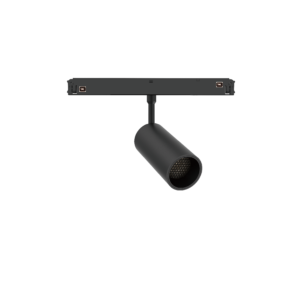 Long dark gray track lighting bar with a single cylindrical spotlight hanging below, mounted to the ceiling.