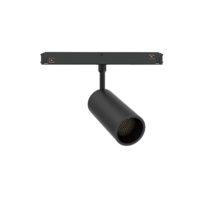 Ceiling-mounted track light: a long dark rectangular bar on a vertical stem with a downward-facing spotlight at the end.
