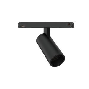 Horizontal black stage lighting bar with copper connectors, mounted on a vertical stand against a black background.